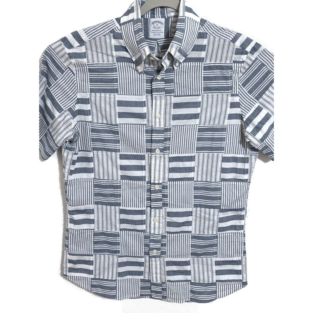 Brooks Brothers Shirt Mens Medium Blue Stripe Patchwork Short Sleeve Button